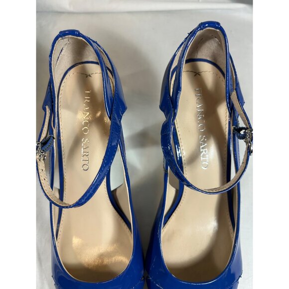 Franco Sarto Sulu Blue Patent Peep Toe Cork Heels Ankle Strap Shoes Women 8 - Picture 9 of 12